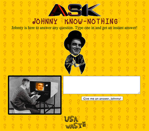 Captura de tela de Johnny Know Nothing, uma experiência interativa presente no site. Captura de tela de Johnny Know Nothing, uma experiência interativa presente no site.