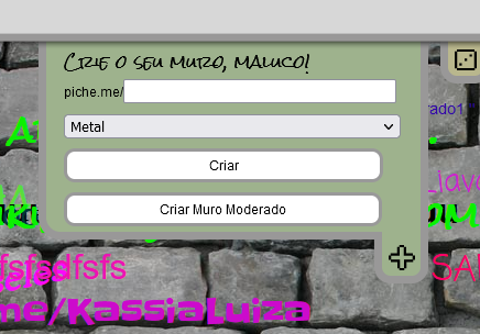 Interface de para criar um muro na plataforma, com um campo delimitado para digitar sua URL e um menu dropdown para selecionar uma imagem de fundo para o muro. Interface de para criar um muro na plataforma, com um campo delimitado para digitar sua URL e um menu dropdown para selecionar uma imagem de fundo para o muro.