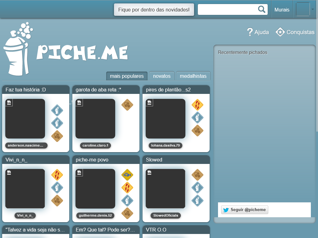 Interface do piche.me em 2013, agora sem um muro e com um layout típico de plataformas sociais do período. Interface do piche.me em 2013, agora sem um muro e com um layout típico de plataformas sociais do período.