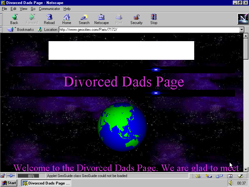 Captura da página Divorced Dads Page, com o título homônimo em magenta e um render 3D do planeta Terra sobre uma imagem de fundo de céu estrelado. Captura da página Divorced Dads Page, com o título homônimo em magenta e um render 3D do planeta Terra sobre uma imagem de fundo de céu estrelado.