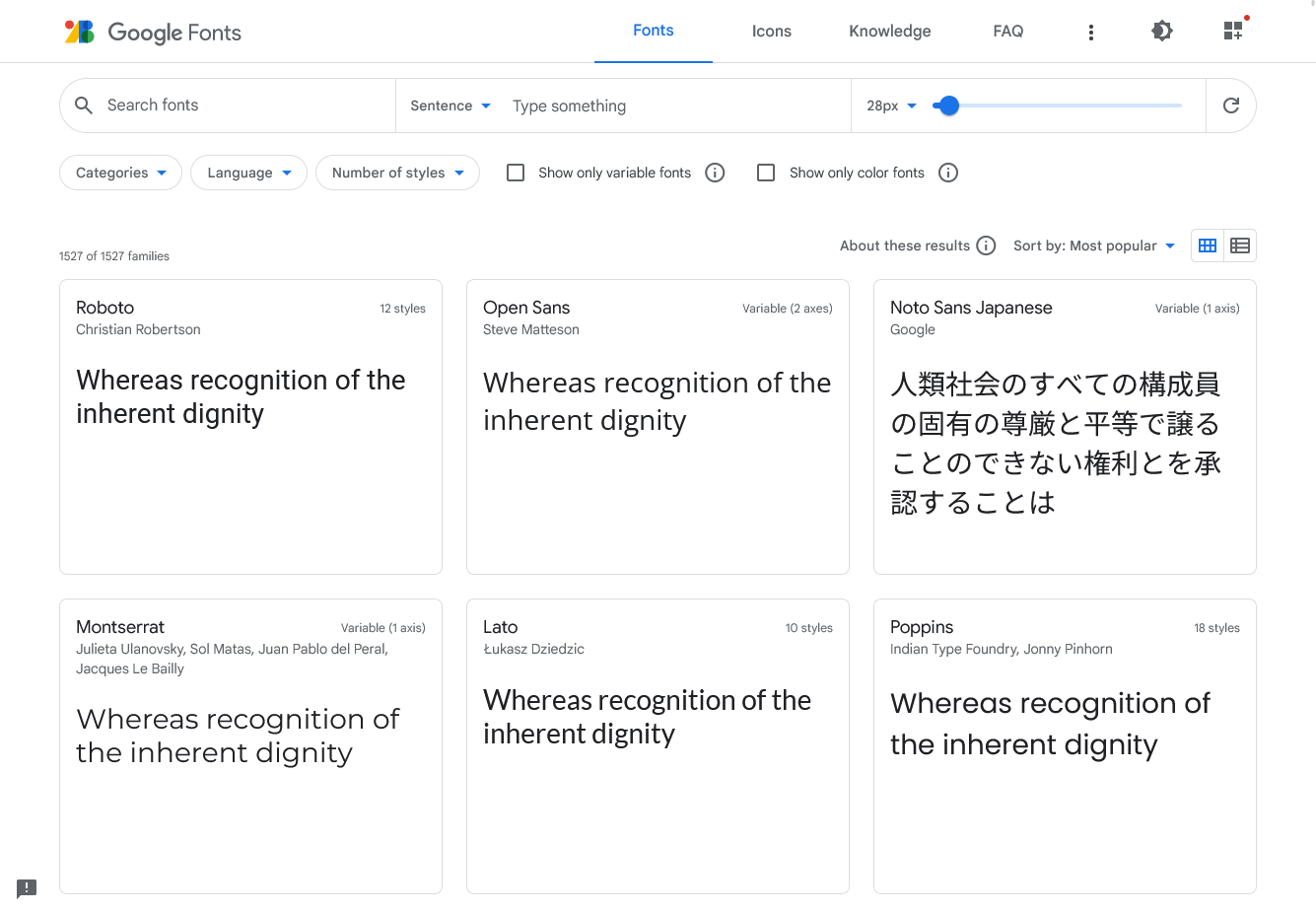 Captura de tela da Homepage do Google Fonts mostrando as 9 Google Fonts mais utilizadas na internet. Captura de tela da Homepage do Google Fonts mostrando as 9 Google Fonts mais utilizadas na internet.