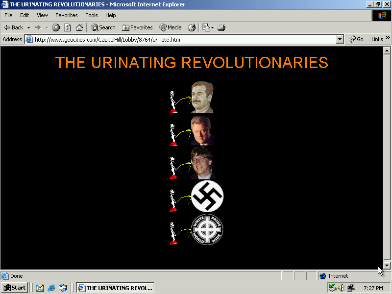 Captura de página chamada The Urinating Revolutionaries, cujo conteúdo consiste de Peeman urinando em Stalin, Bill Clinton, Bill Gates, uma suástica e um símbolo de supremacistas brancos Captura de página chamada The Urinating Revolutionaries, cujo conteúdo consiste de Peeman urinando em Stalin, Bill Clinton, Bill Gates, uma suástica e um símbolo de supremacistas brancos