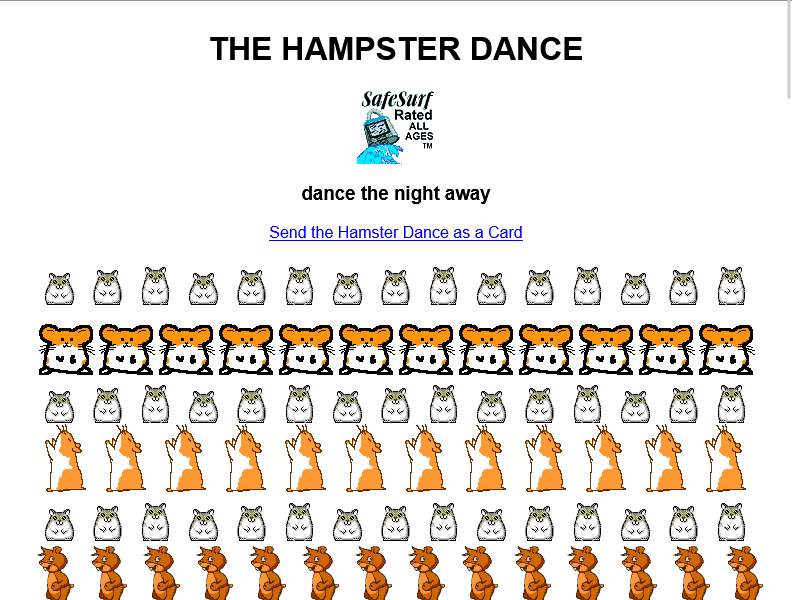 Captura de tela da página, que consiste de dezenas de fileiras de GIFs animados de hamsters dançando. Captura de tela da página, que consiste de dezenas de fileiras de GIFs animados de hamsters dançando.