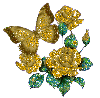 Uma borboleta e uma rosa, ambas em cor amarela, cobertas por um filtro de glitter animado. Uma borboleta e uma rosa, ambas em cor amarela, cobertas por um filtro de glitter animado.