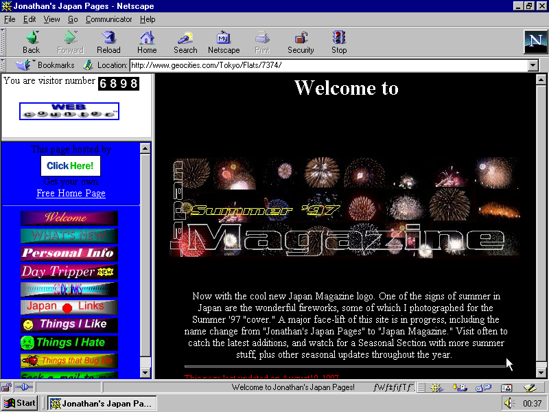 Um layout de site no Geocities usando frames para dividir a página em três partes: um contador de visitas, um menu de navegação, e o espaço para o conteúdo principal do site. Um layout de site no Geocities usando frames para dividir a página em três partes: um contador de visitas, um menu de navegação, e o espaço para o conteúdo principal do site.
