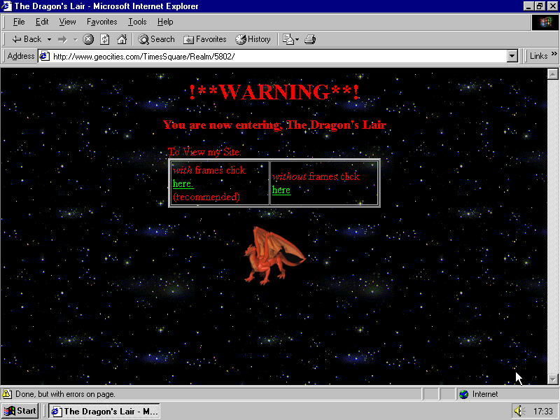 Página de plano de fundo estrelado oferecendo duas opções de layout: com e sem frames. Após os links das opções, há um GIF de um dragão vermelho. Página de plano de fundo estrelado oferecendo duas opções de layout: com e sem frames. Após os links das opções, há um GIF de um dragão vermelho.
