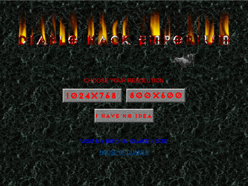 Página web Diablo Hack Emporuim, com um fundo em textura de mármore, botões com textura de pedra e textos em cor vermelha. Detalhe para o GIF de uma vaca 3D no canto superior direito, próximo ao logo. Página web Diablo Hack Emporuim, com um fundo em textura de mármore, botões com textura de pedra e textos em cor vermelha. Detalhe para o GIF de uma vaca 3D no canto superior direito, próximo ao logo.
