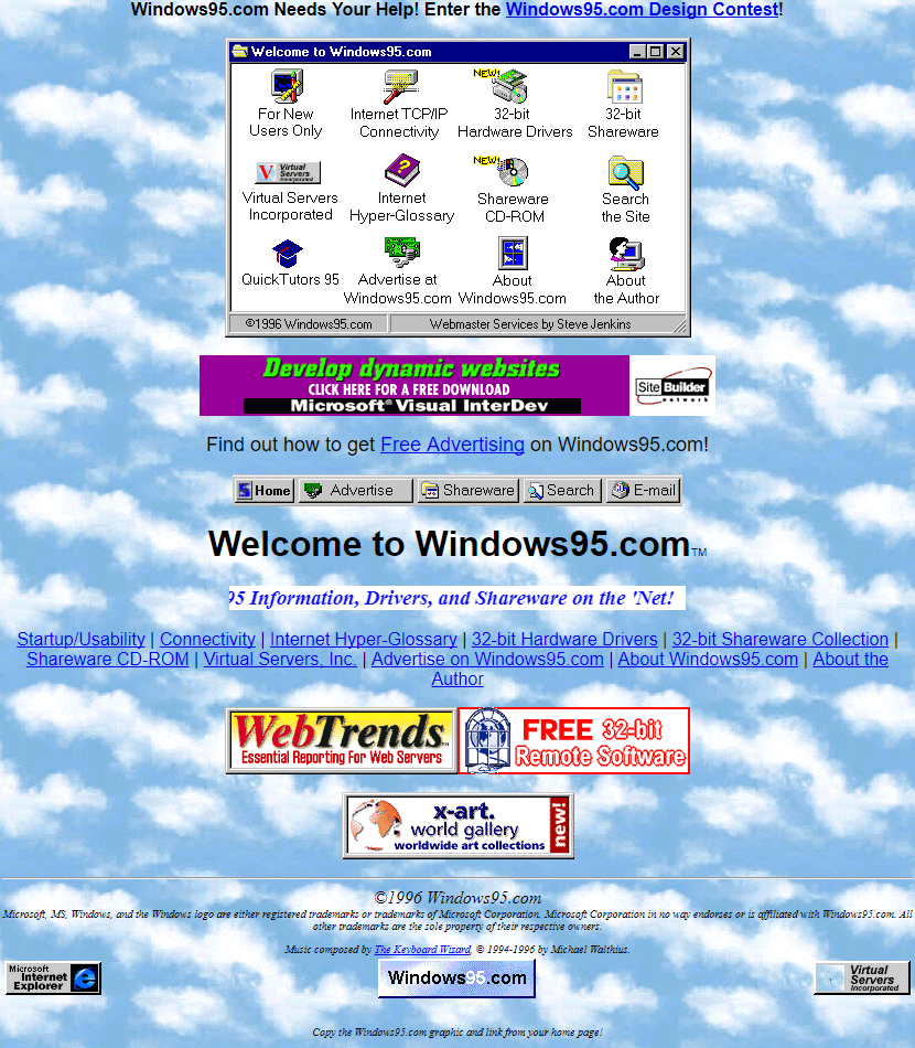 O site possui um layout semelhante à interface do próprio Windows 95, com o fundo de céu diurno e um menu de navegação dentro de uma janela. O site possui um layout semelhante à interface do próprio Windows 95, com o fundo de céu diurno e um menu de navegação dentro de uma janela.