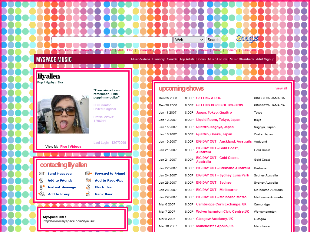 Perfil no Myspace com fundo de polka dots multicoloridos e uma divisão em tabela para o usuário customizar com seu conteúdo. Perfil no Myspace com fundo de polka dots multicoloridos e uma divisão em tabela para o usuário customizar com seu conteúdo.