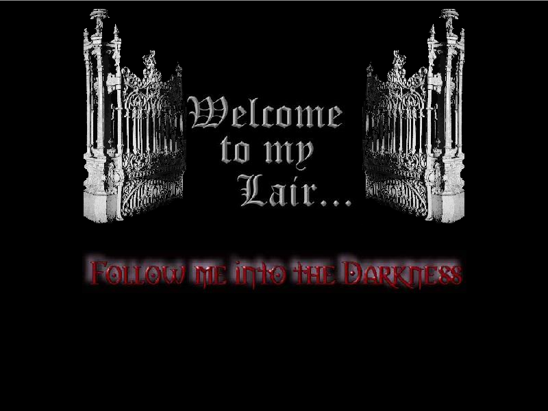 Site com duas imagens de elementos arquitetônicos góticos, entre um título em fonte germânica que lê-se como Welcome to my lair... Follow me into the darkness. Site com duas imagens de elementos arquitetônicos góticos, entre um título em fonte germânica que lê-se como Welcome to my lair... Follow me into the darkness.