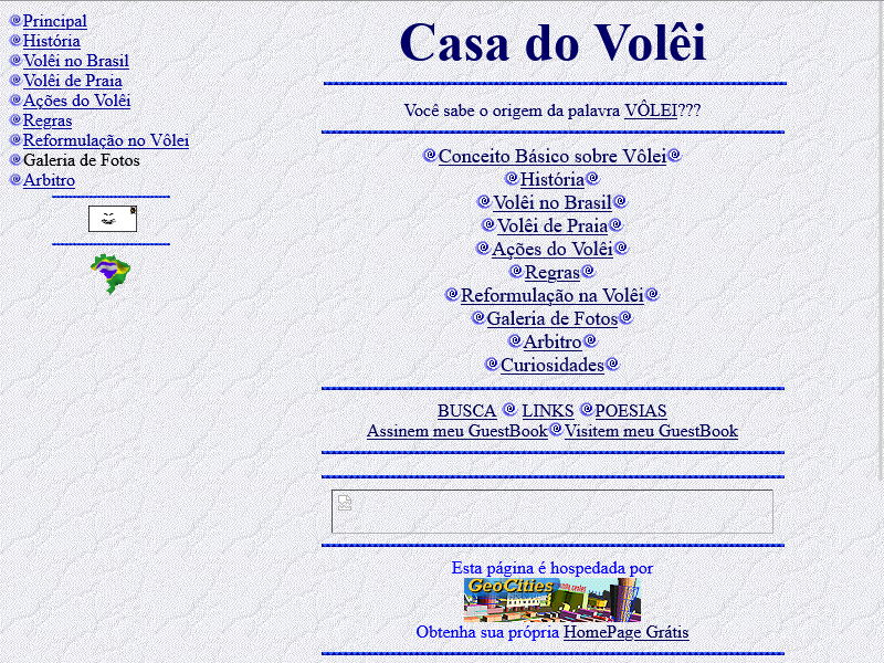 Site brasileiro sobre vôlei, com layout tradicional porém elementos gráficos típicos da web 1.0 como: pequenos gráficos, divisórias bitmap, e padrão de fundo texturizado. Site brasileiro sobre vôlei, com layout tradicional porém elementos gráficos típicos da web 1.0 como: pequenos gráficos, divisórias bitmap, e padrão de fundo texturizado.