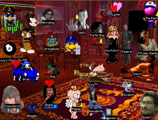 Captura de tela do chatroom The Palace mostrando diversos usuários e seus variados avatares, de personagens de cartoon e imagens de pessoas reais, a objetos e borboletas. Captura de tela do chatroom The Palace mostrando diversos usuários e seus variados avatares, de personagens de cartoon e imagens de pessoas reais, a objetos e borboletas.