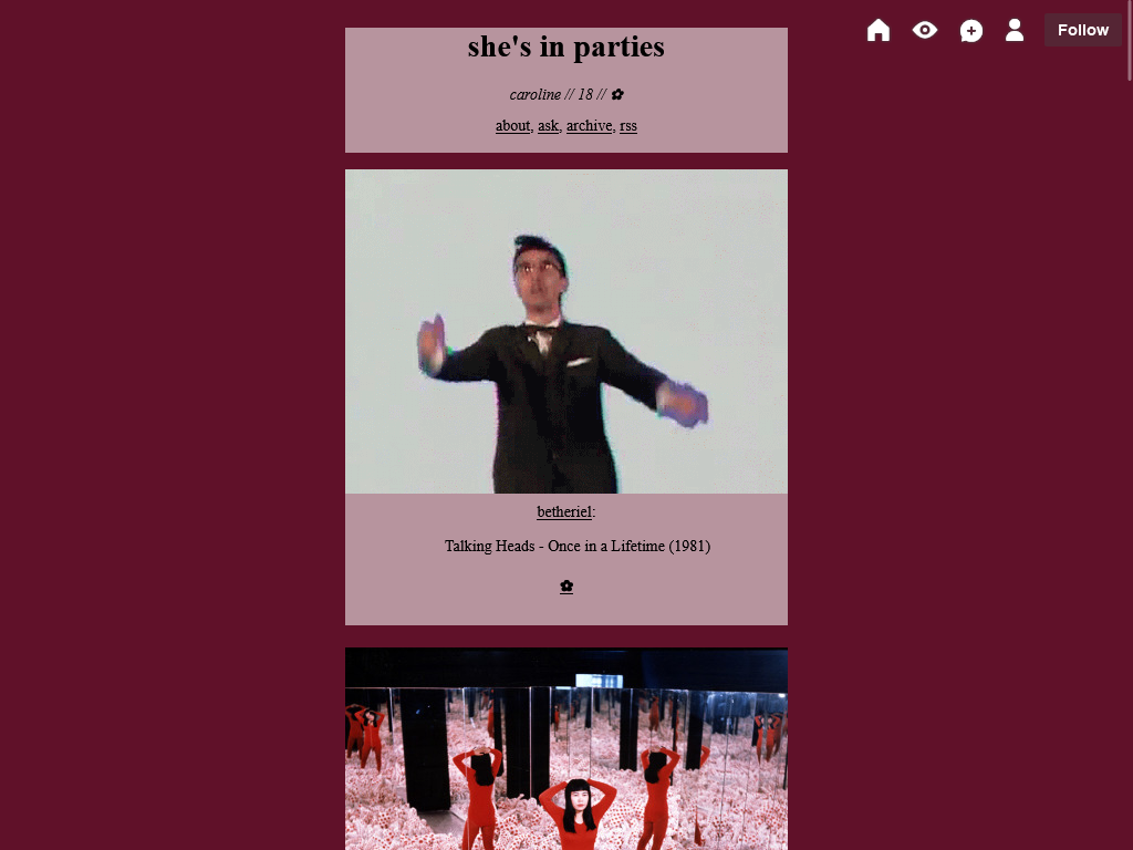 Meu blog, mostrando um background vinho e posts com uma imagem do David Byrne e outra imagem da arte de Yayoi Kusama. Meu blog, mostrando um background vinho e posts com uma imagem do David Byrne e outra imagem da arte de Yayoi Kusama.