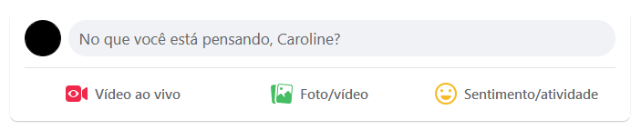 Interface do Facebook com campo de texto incentivando o usuário a postar conteúdos sobre o agora. Interface do Facebook com campo de texto incentivando o usuário a postar conteúdos sobre o agora.